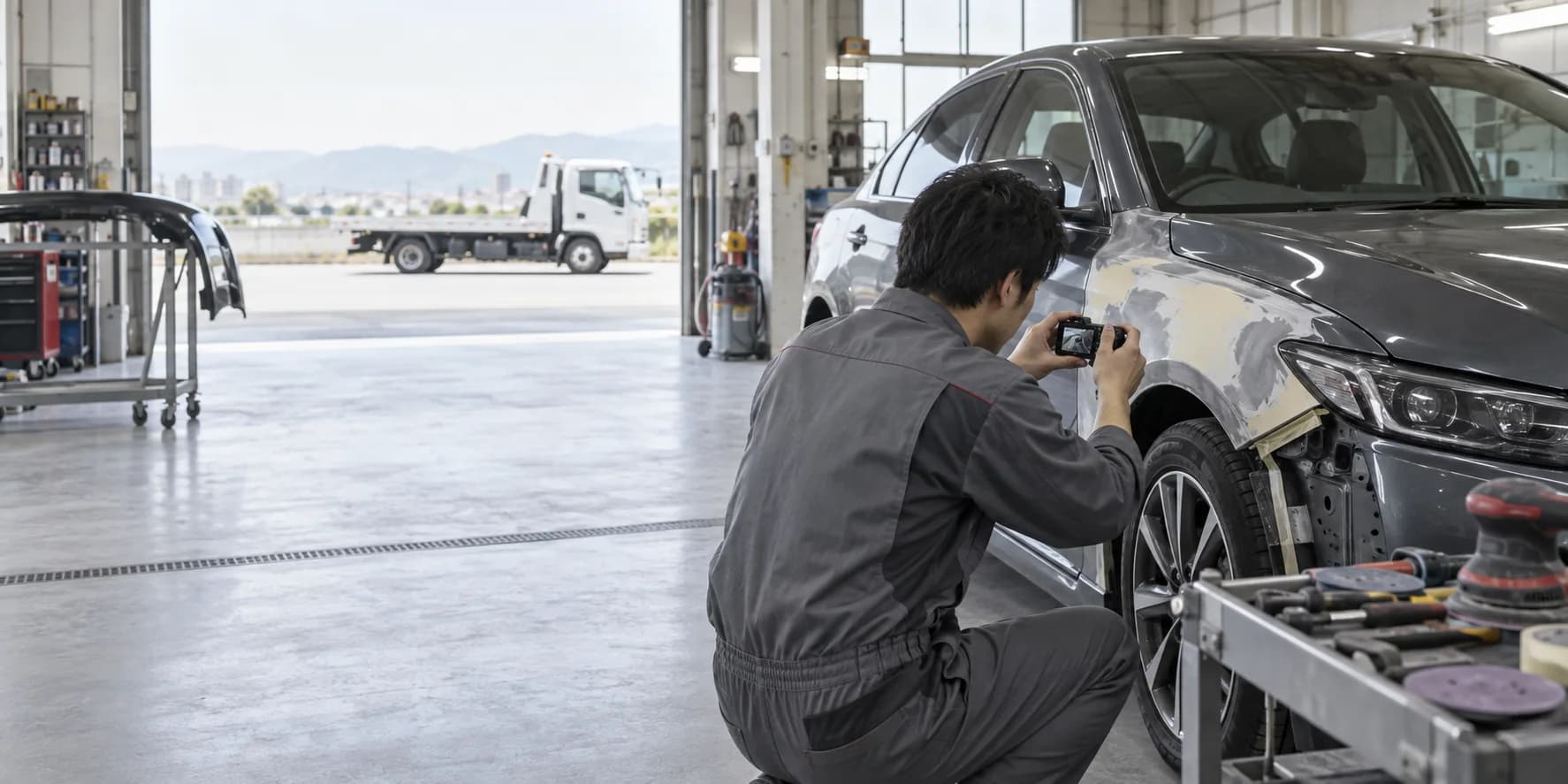 自動車工場で車体を撮影する様子を表した生成イメージ
