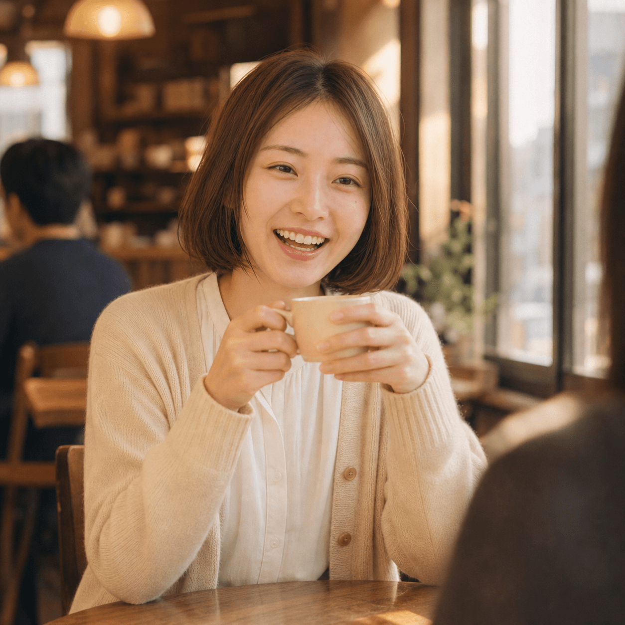 Laughing at a cafe