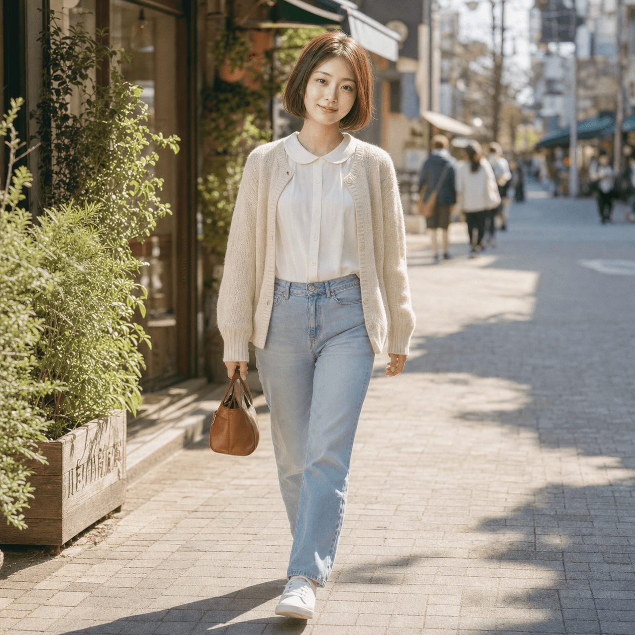 Walking on the street with a smile