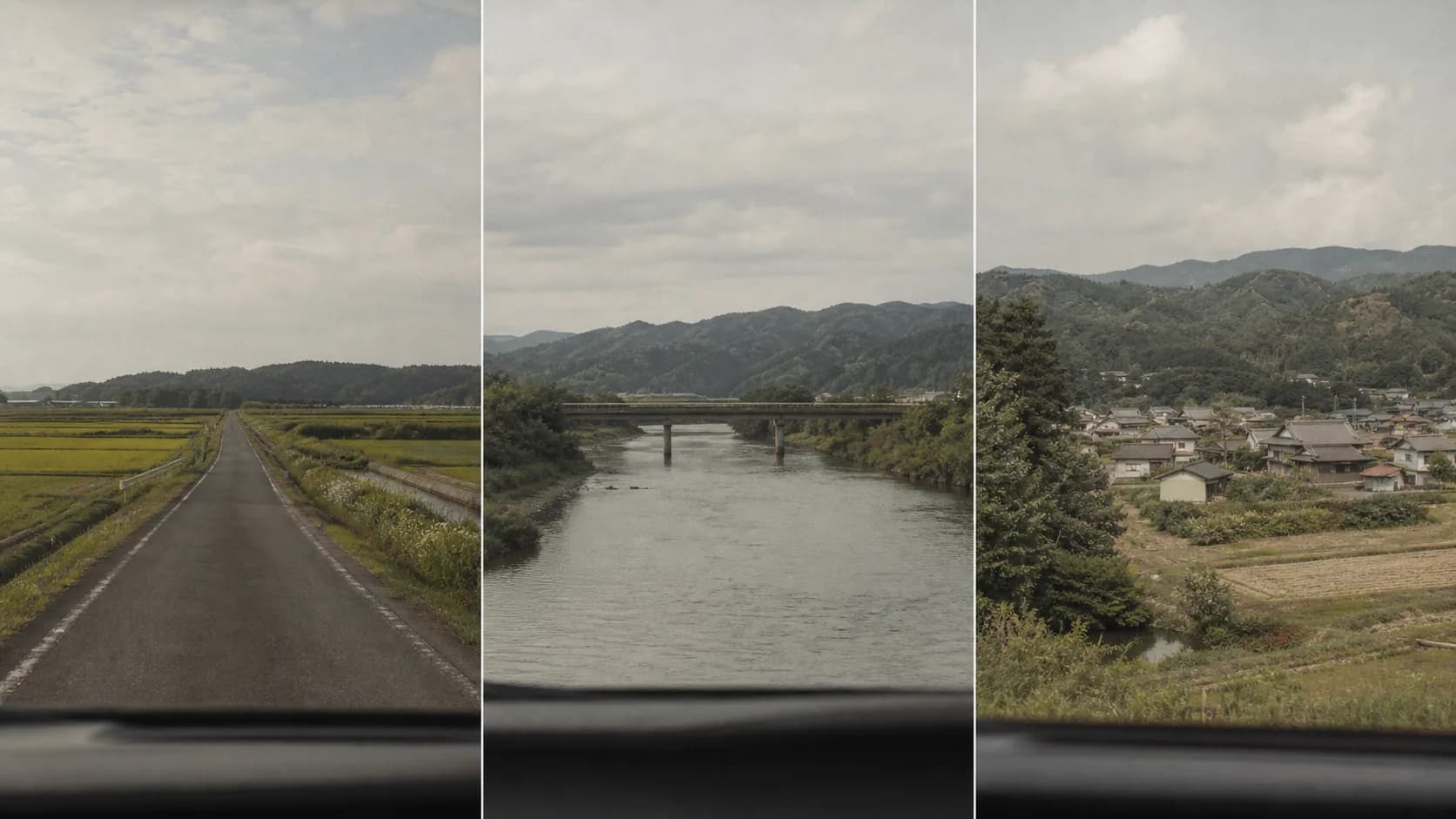 観光コースの立ち寄り先を細線の地図と写真で並べた図版