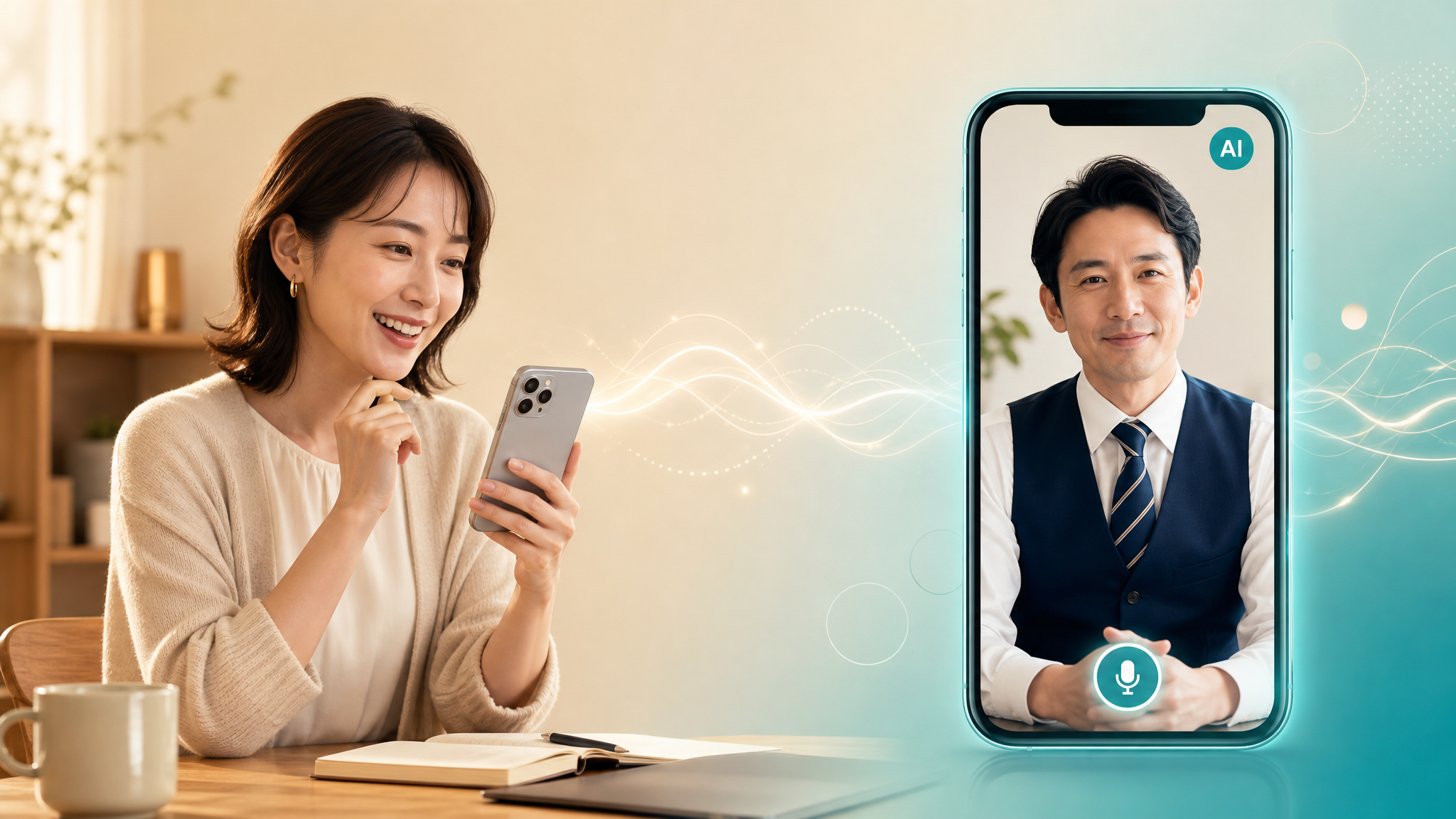 AI ビデオ通話のイメージ — 代表 高嶋の AI と、スマホでいつでも対話