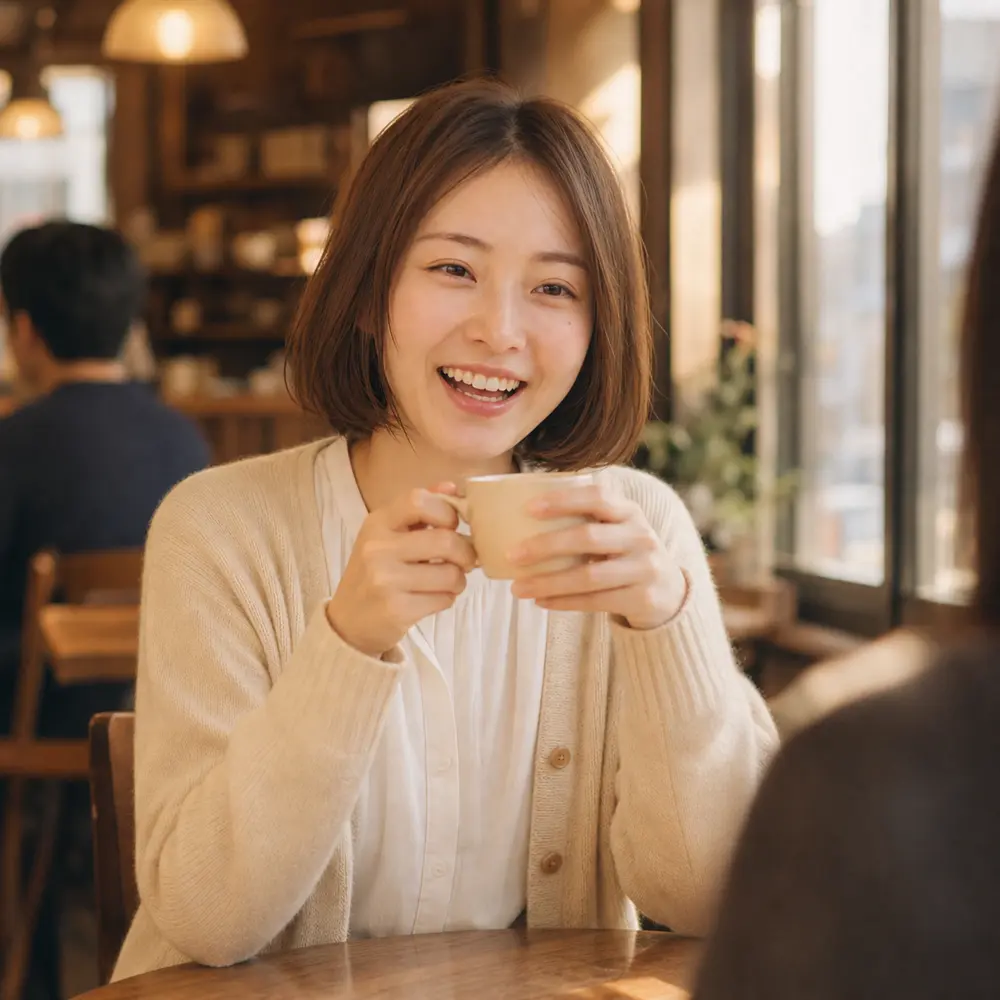 カフェで笑いながら話すrinne