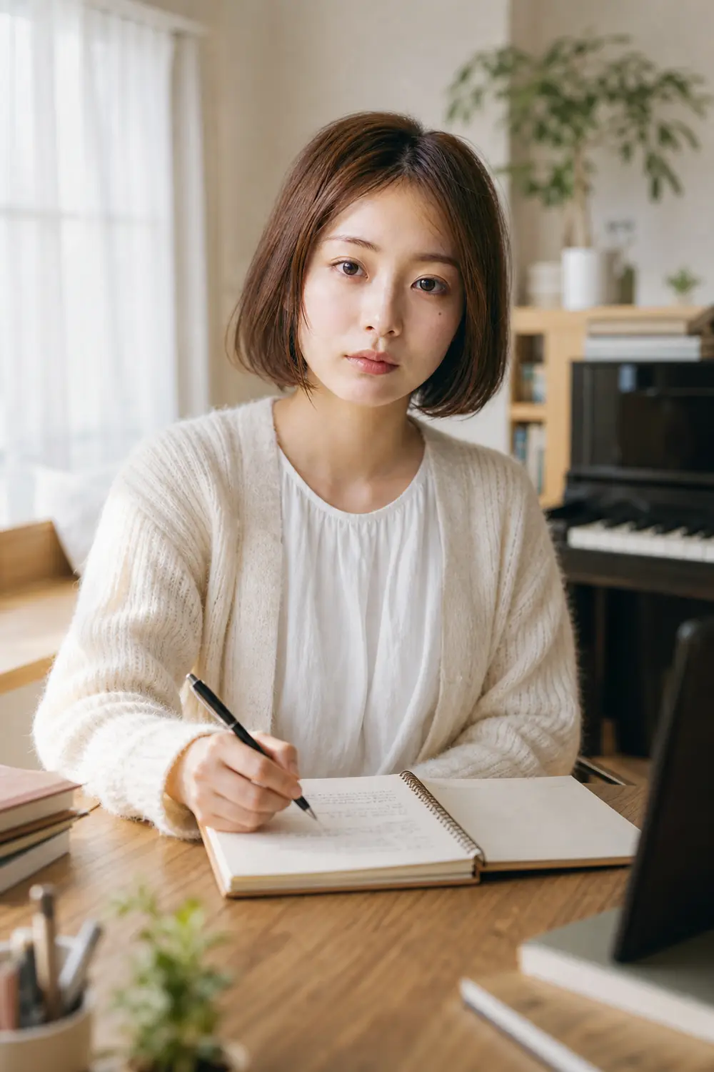 机に向かって作詞するrinne
