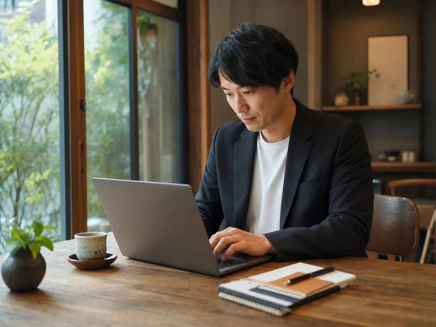 カフェでブログ記事を執筆するビジネスパーソン